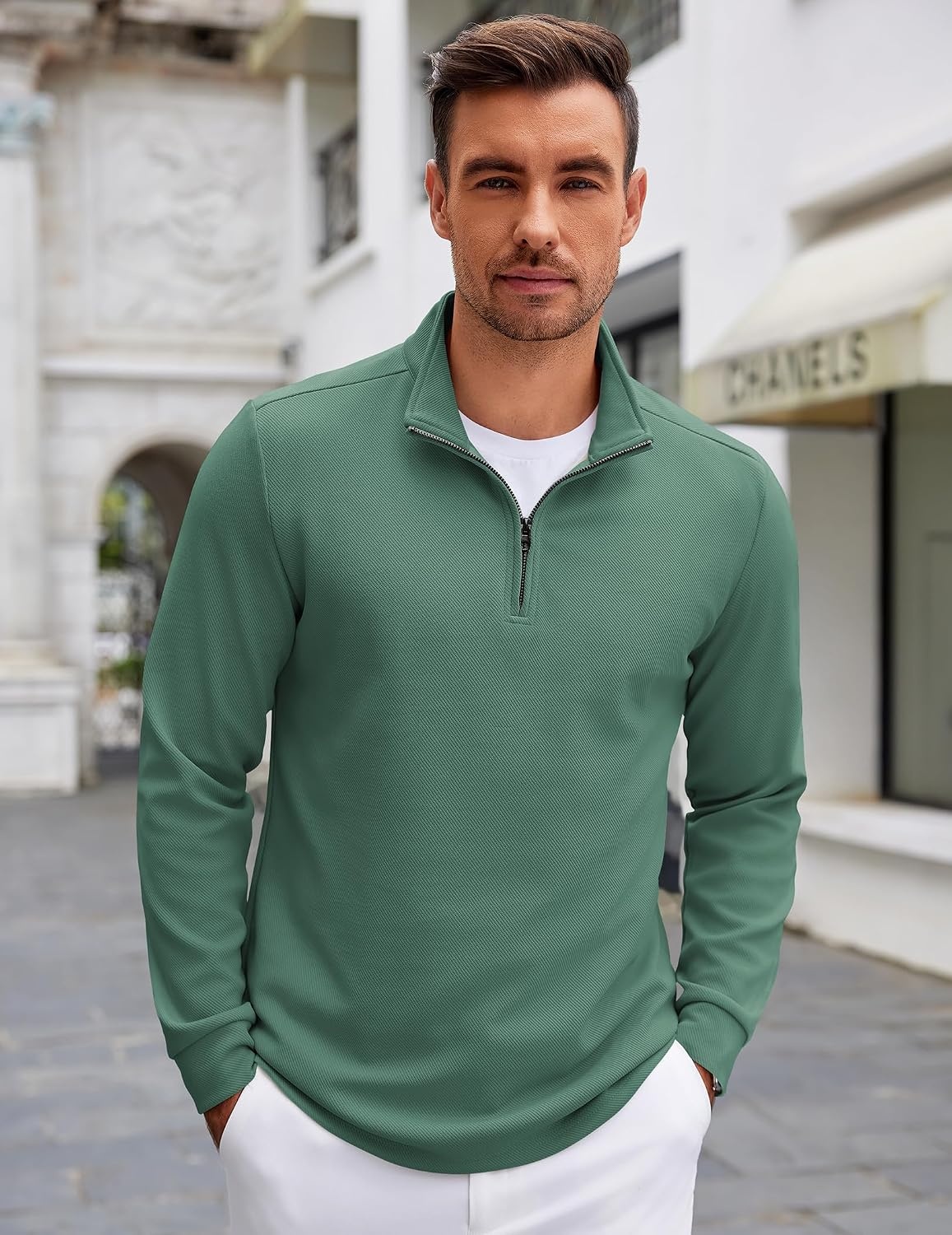 image:imageCOOFANDY Mens Quarter Zip Up Pullover Lightweight Mock Neck SweatshirtGreen