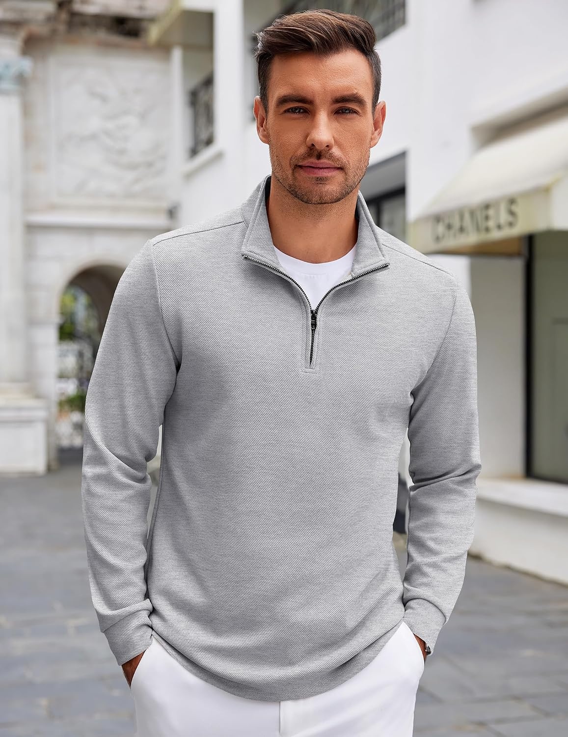 image:imageCOOFANDY Mens Quarter Zip Up Pullover Lightweight Mock Neck SweatshirtLight Grey
