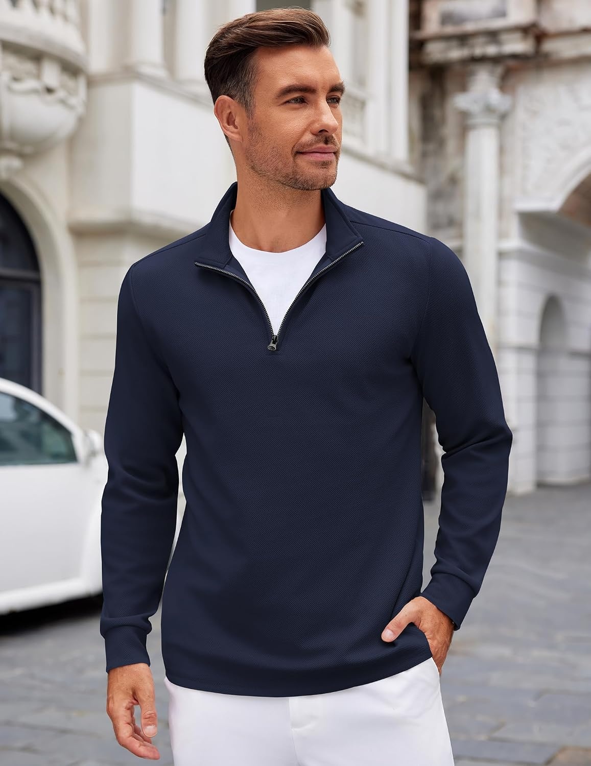 image:imageCOOFANDY Mens Quarter Zip Up Pullover Lightweight Mock Neck SweatshirtNavy Blue