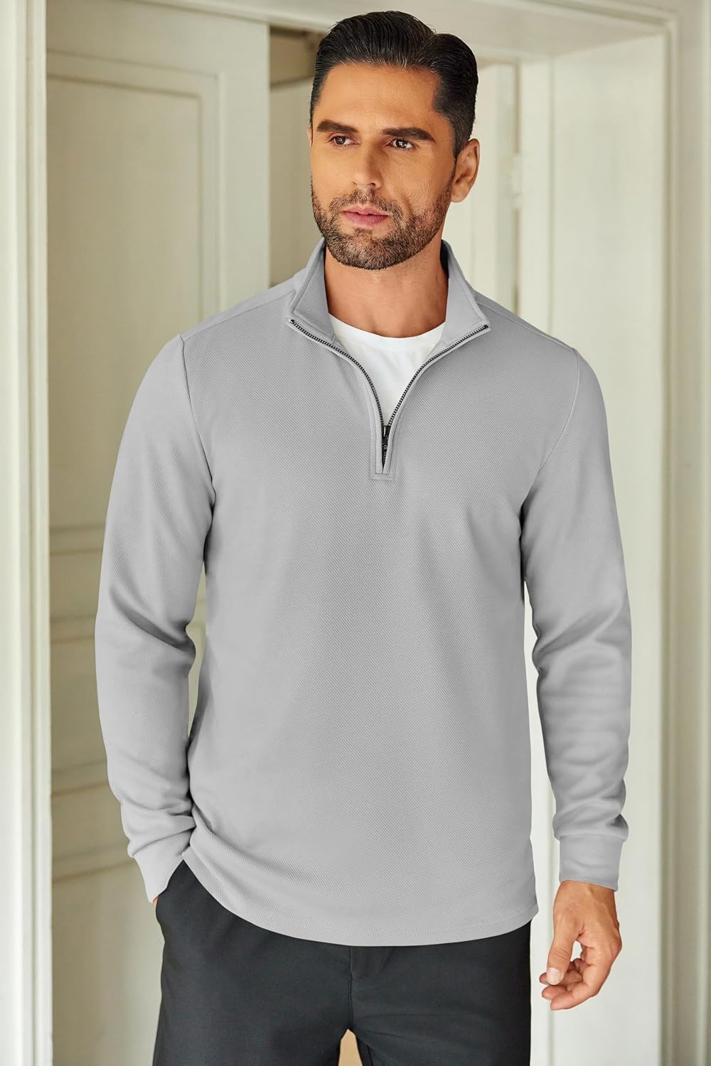 image:imageCOOFANDY Mens Quarter Zip Up Pullover Lightweight Mock Neck SweatshirtPale Grey