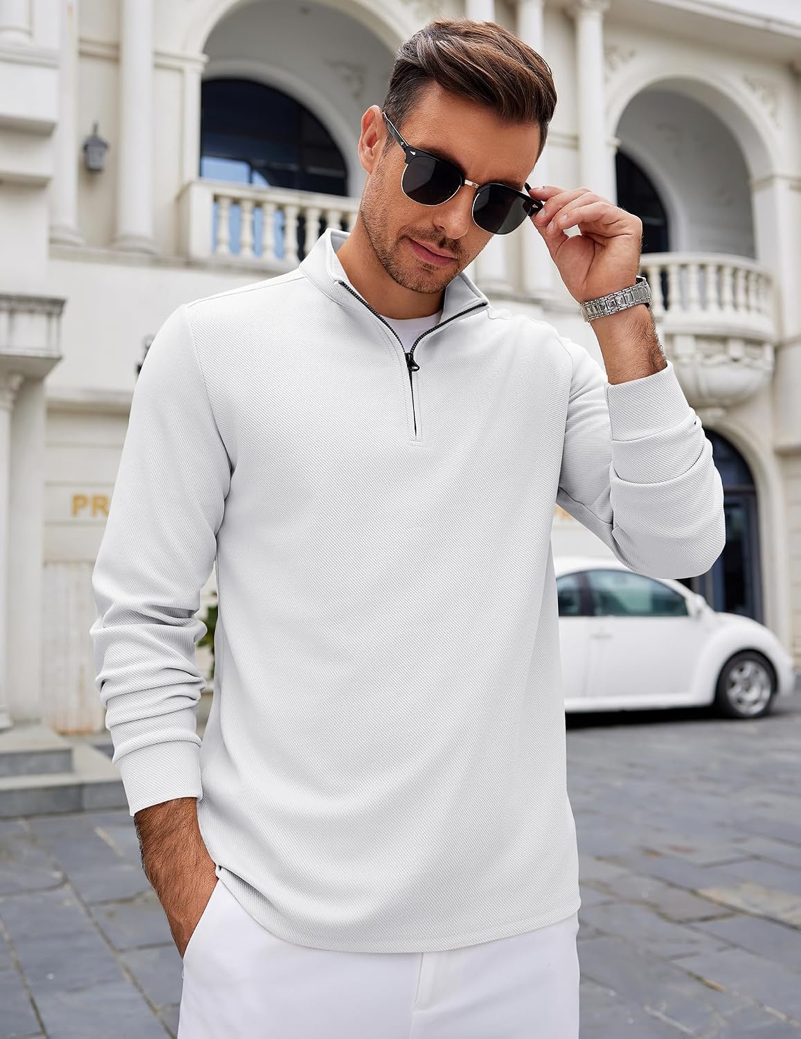 image:imageCOOFANDY Mens Quarter Zip Up Pullover Lightweight Mock Neck SweatshirtWhite