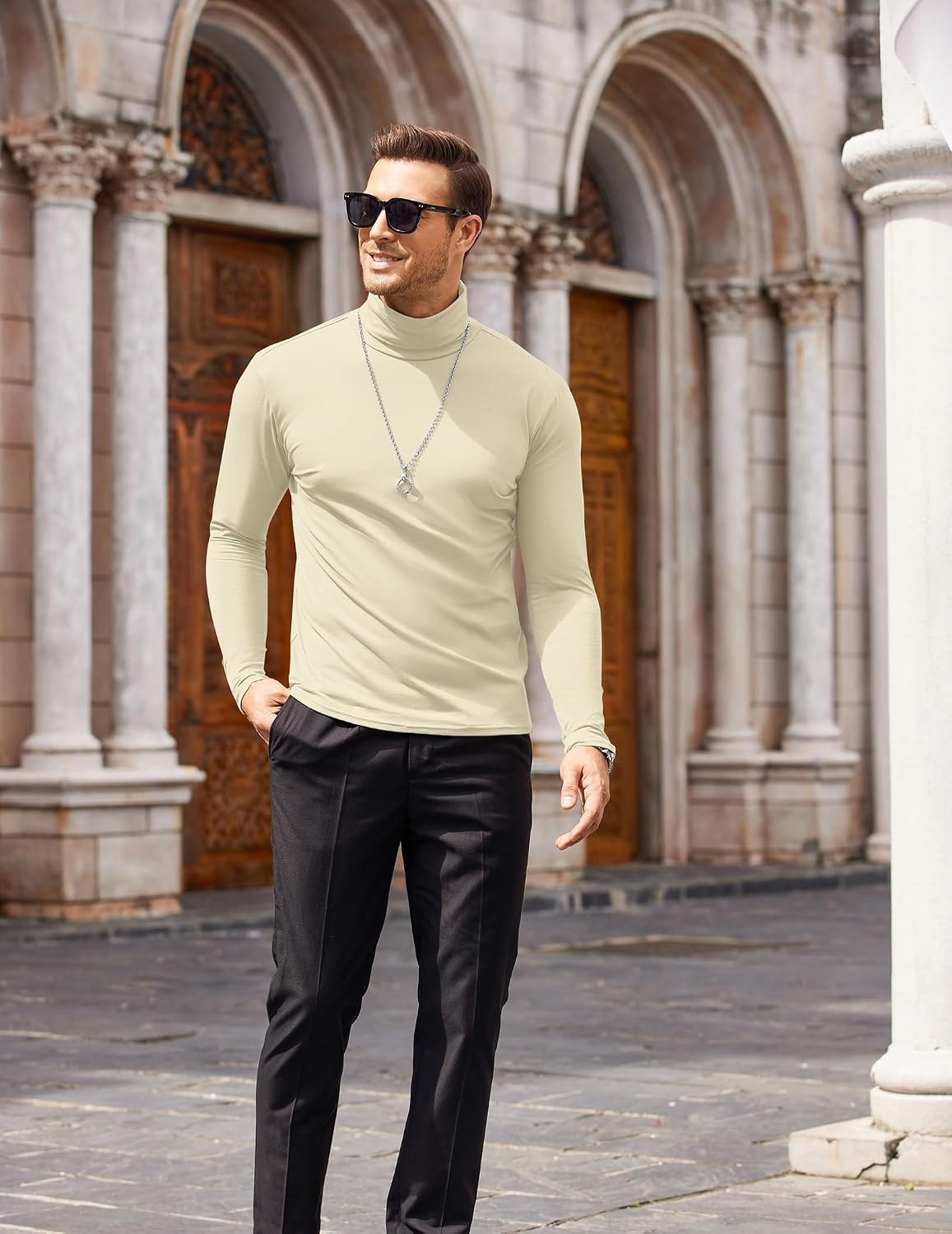 image:imageCOOFANDY Mens Turtleneck Long Sleeve Shirts Slim Fit Thermal UndershirtsBeige