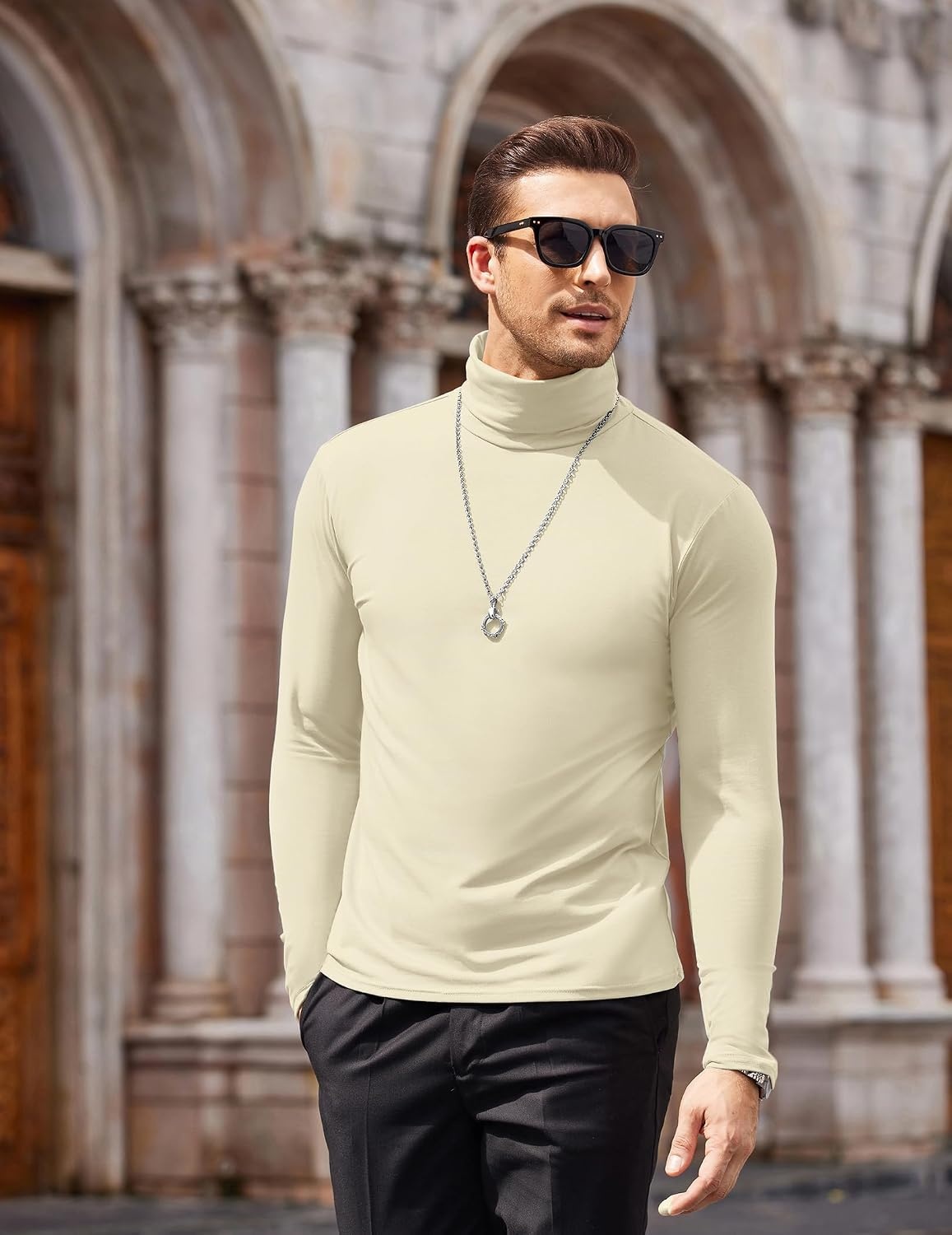 image:imageCOOFANDY Mens Turtleneck Long Sleeve Shirts Slim Fit Thermal UndershirtsBeige