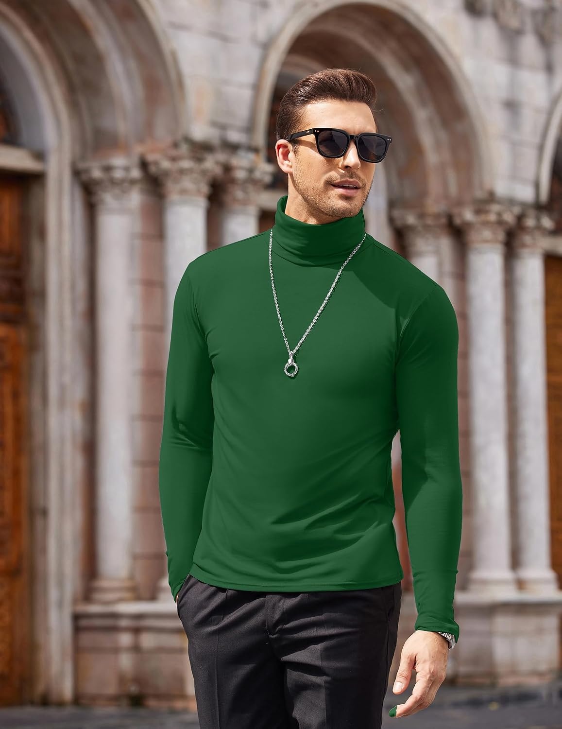 image:imageCOOFANDY Mens Turtleneck Long Sleeve Shirts Slim Fit Thermal UndershirtsDark Green