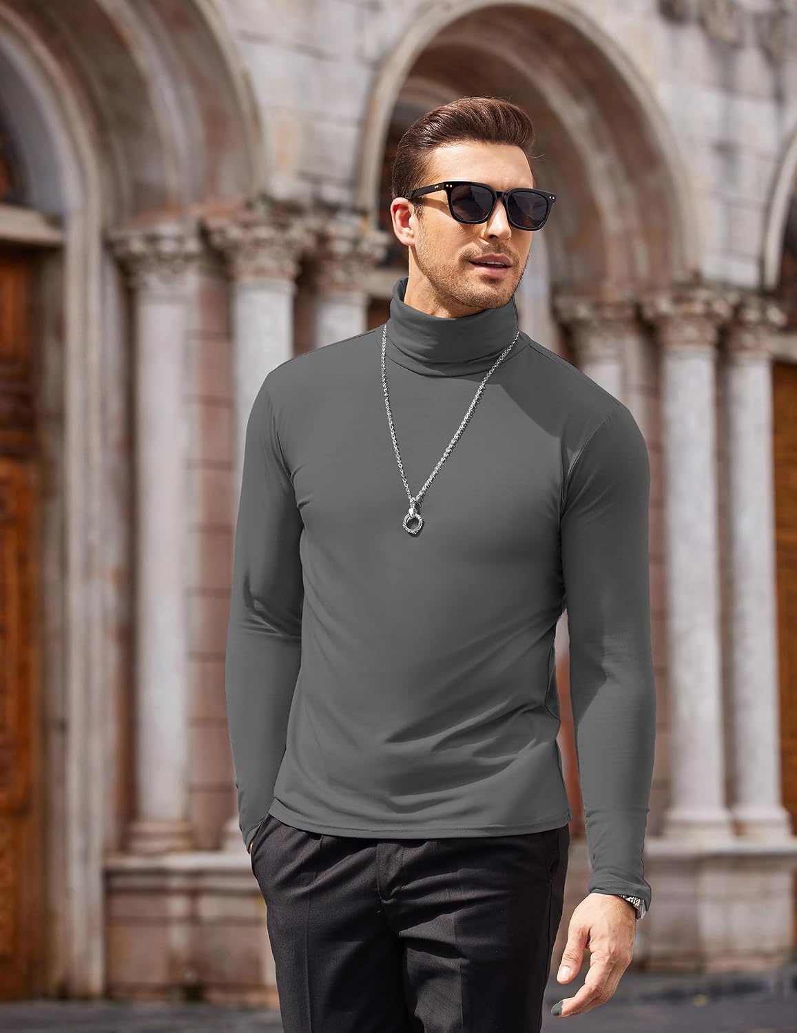 image:imageCOOFANDY Mens Turtleneck Long Sleeve Shirts Slim Fit Thermal UndershirtsDark Grey