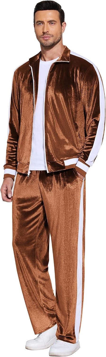 image:imageCOOFANDY Mens Velour Tracksuit 2 Piece Set Velvet Sweatsuit for PartyBrown