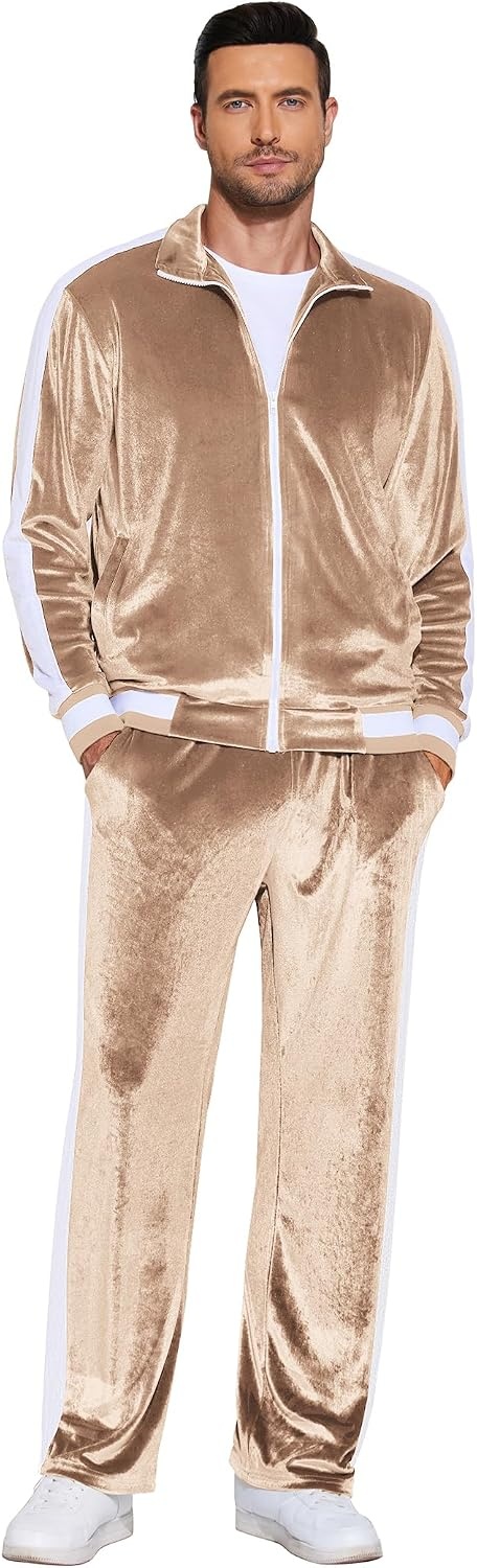 image:imageCOOFANDY Mens Velour Tracksuit 2 Piece Set Velvet Sweatsuit for PartyLight Khaki
