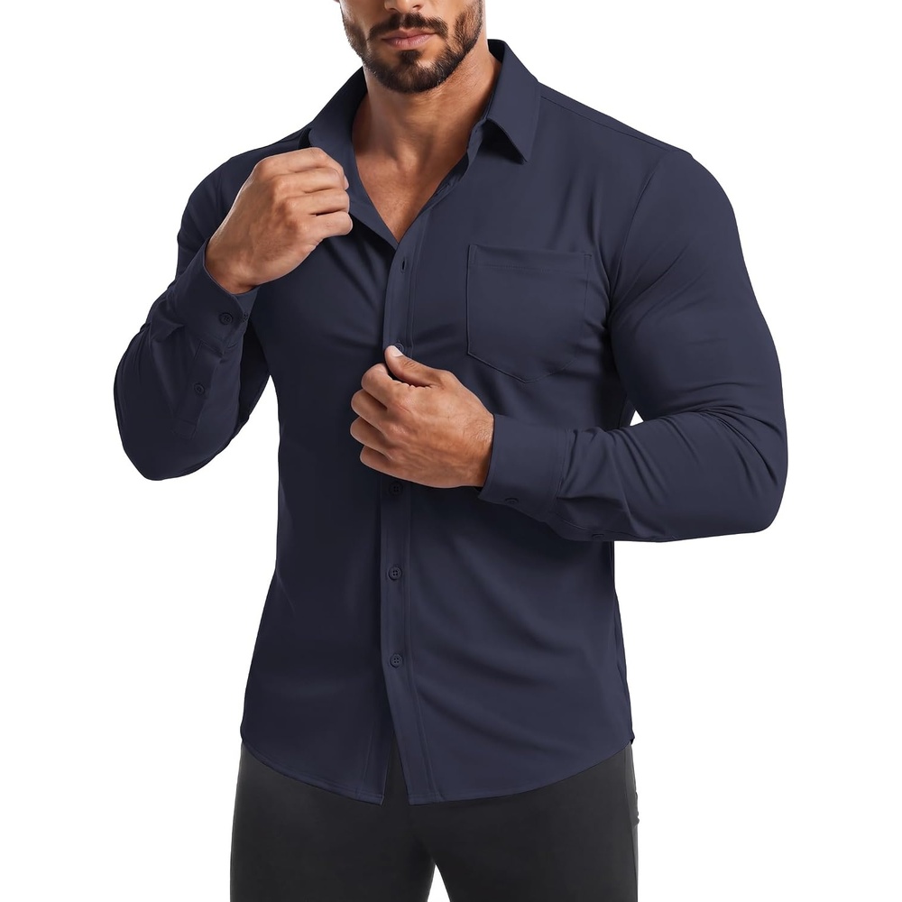 image:imageCOOFANDY Mens Muscle Fit Dress Shirt Wrinkle Free Sretch Shirts Long Sleeve Casual Button Down ShirtsMidnight Blue