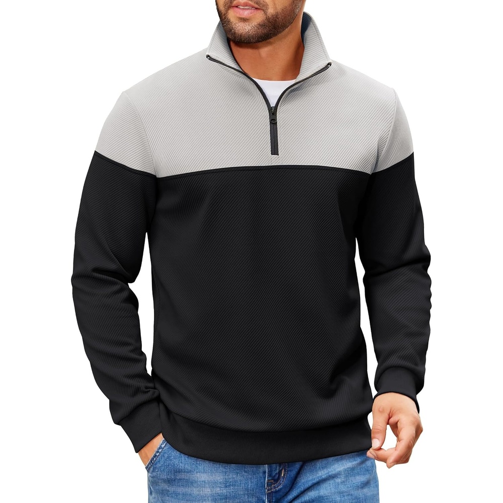image:imageCOOFANDY Mens Quarter Zip Pullover Sweatshirt Casual Mock Neck Sweater 2026Color Block Grey Black