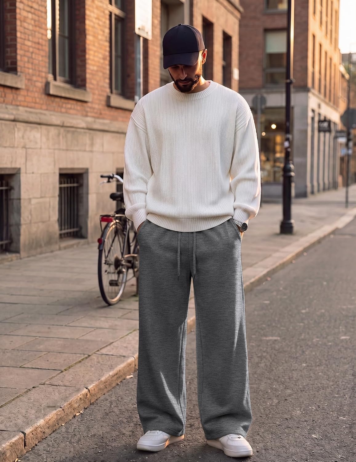 image:imageCOOFANDY Mens Casual Baggy Sweatpants Cotton Wide Leg Drawstring PantsDark Heather Grey