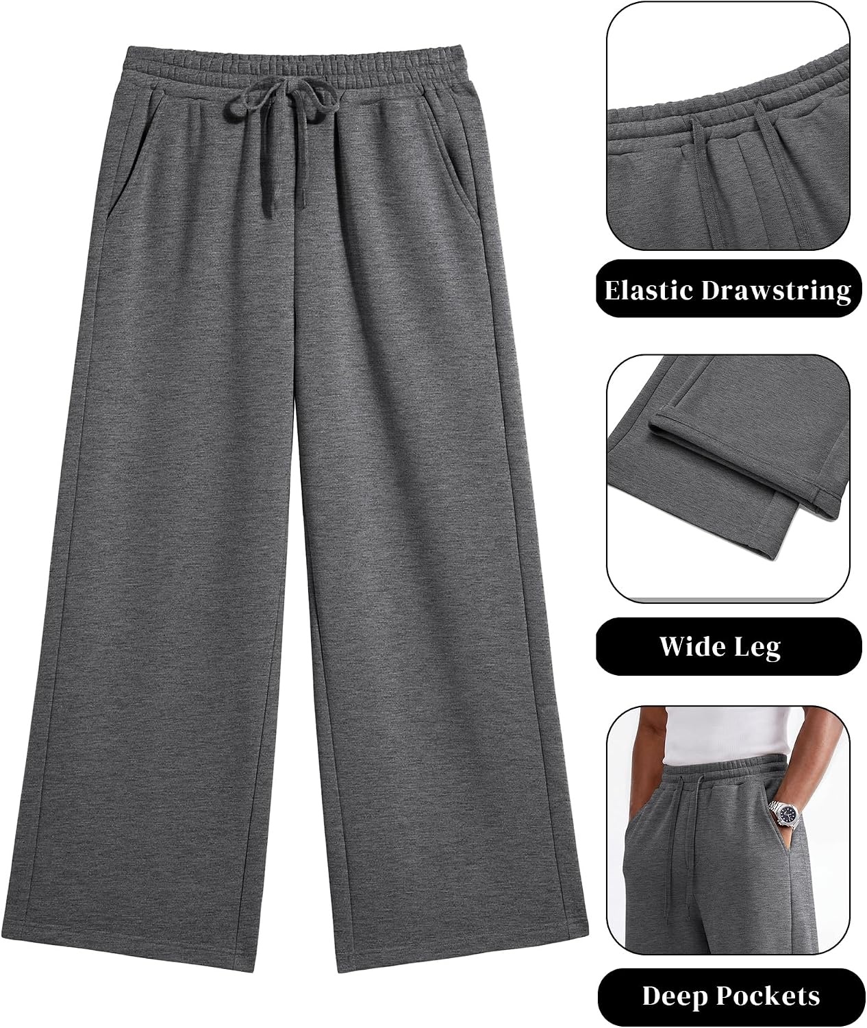 image:imageCOOFANDY Mens Casual Baggy Sweatpants Cotton Wide Leg Drawstring PantsDark Heather Grey
