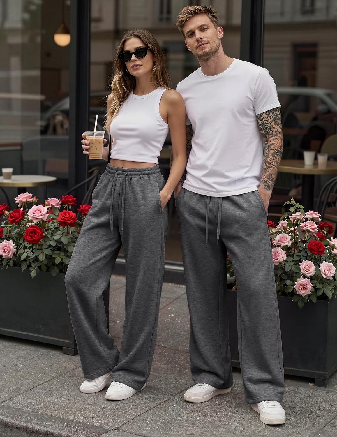 image:imageCOOFANDY Mens Casual Baggy Sweatpants Cotton Wide Leg Drawstring PantsDark Heather Grey