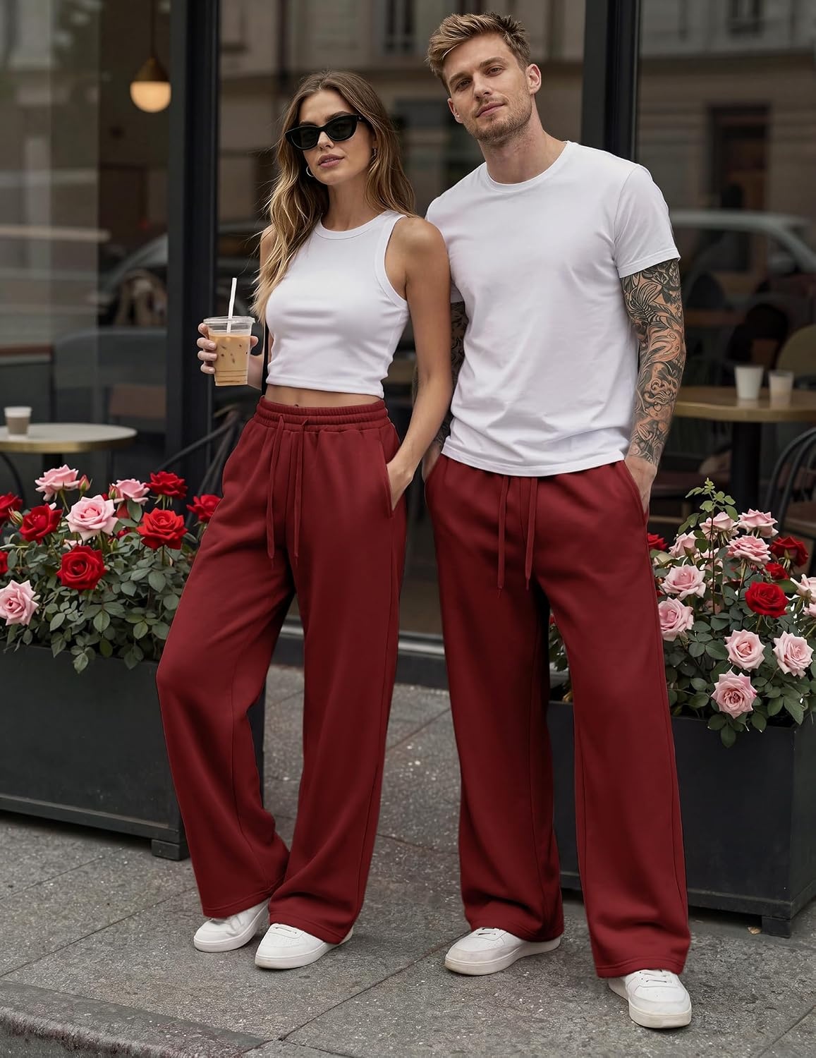 image:imageCOOFANDY Mens Casual Baggy Sweatpants Cotton Wide Leg Drawstring PantsRed