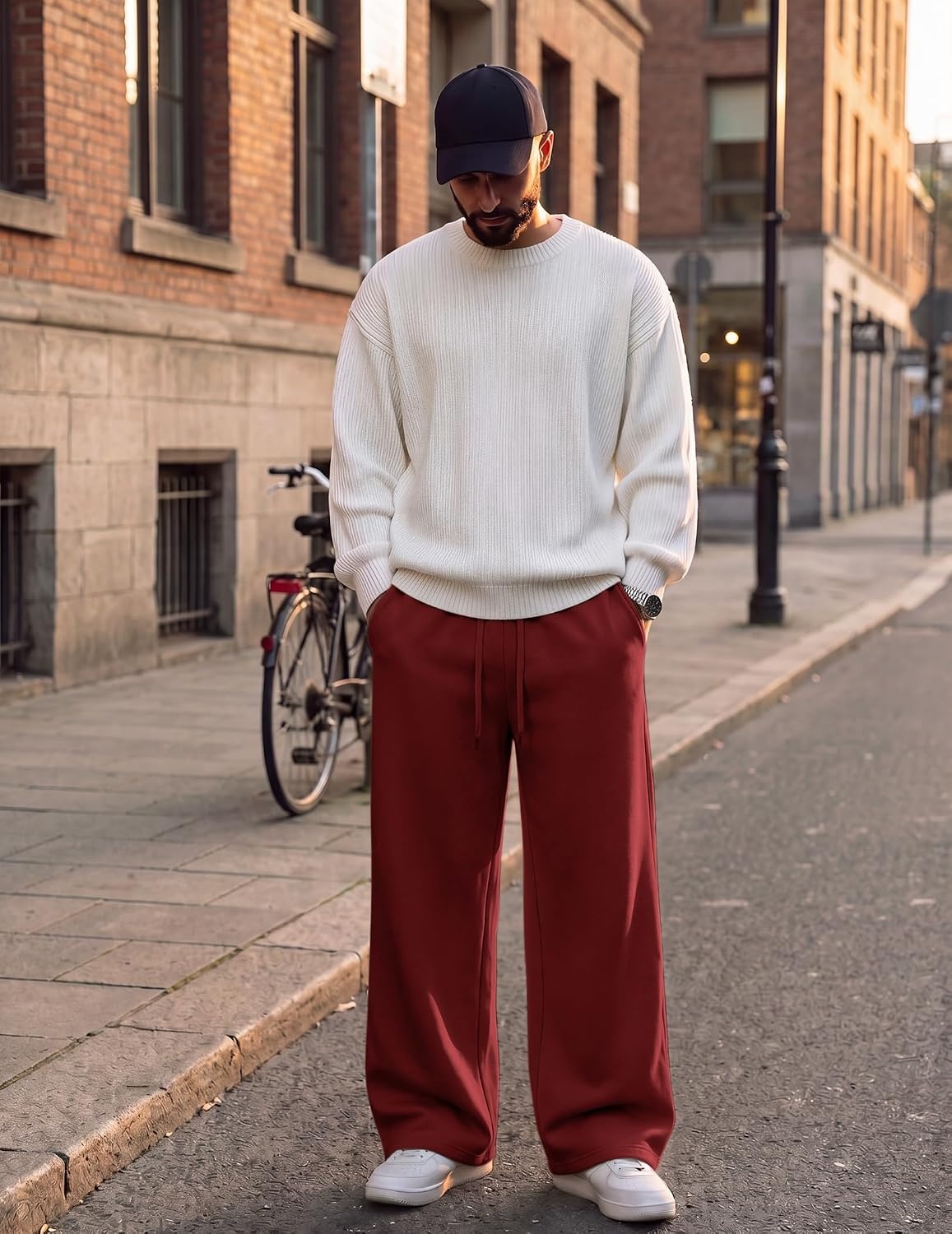 image:imageCOOFANDY Mens Casual Baggy Sweatpants Cotton Wide Leg Drawstring PantsRed