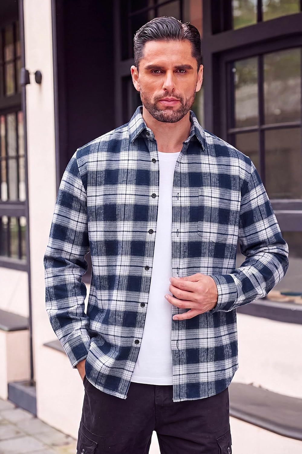 image:imageCOOFANDY Mens Flannel Shirts Long Sleeve Button Down Shirt with Pocket Casual Shirts Work Shirts for MenBlue White Plaid