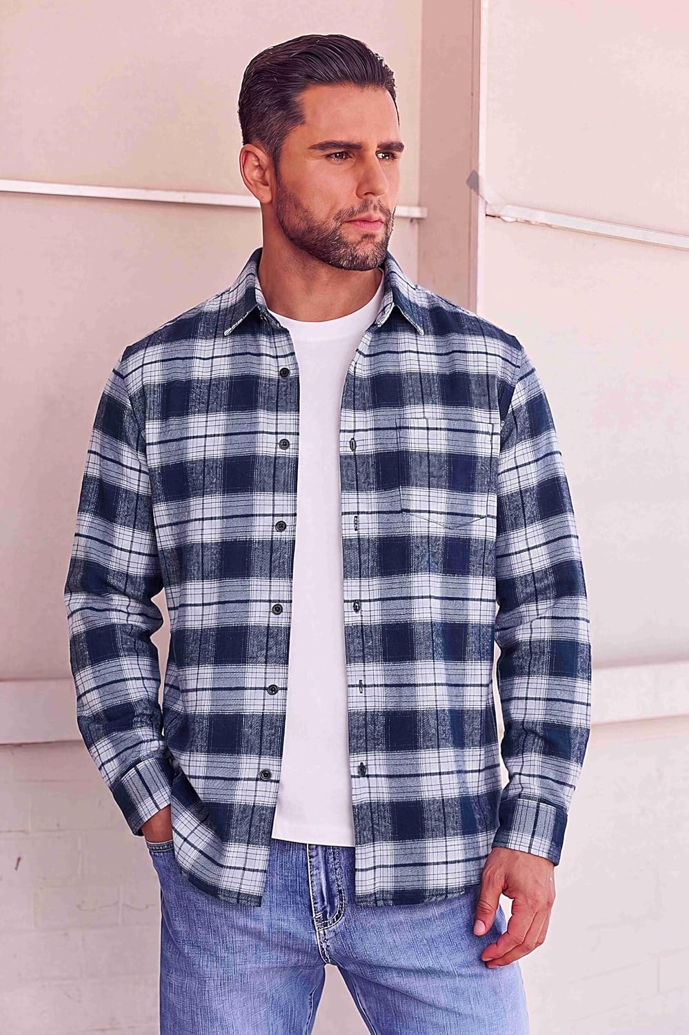 image:imageCOOFANDY Mens Flannel Shirts Long Sleeve Button Down Shirt with Pocket Casual Shirts Work Shirts for MenBlue White Plaid