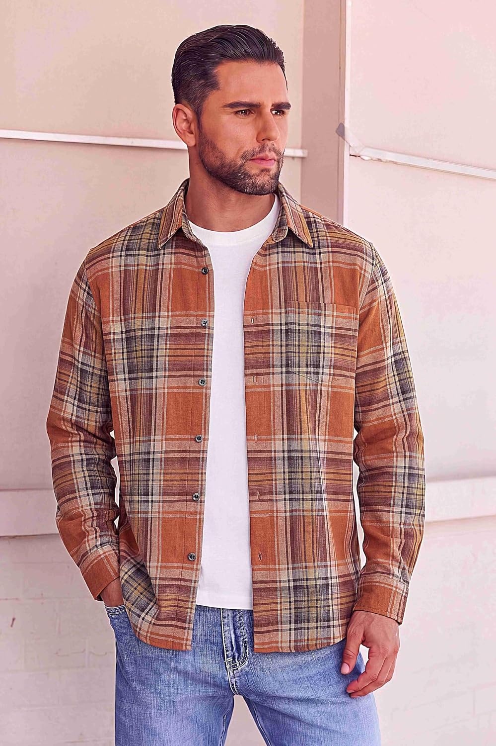 image:imageCOOFANDY Mens Flannel Shirts Long Sleeve Button Down Shirt with Pocket Casual Shirts Work Shirts for MenOrangeyellow Plaid