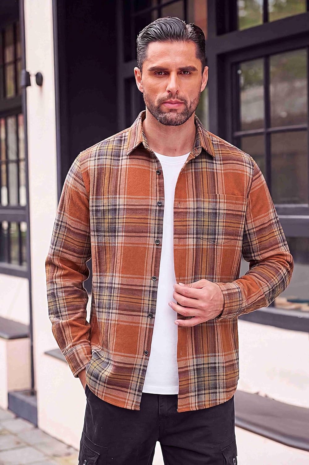 image:imageCOOFANDY Mens Flannel Shirts Long Sleeve Button Down Shirt with Pocket Casual Shirts Work Shirts for MenOrangeyellow Plaid