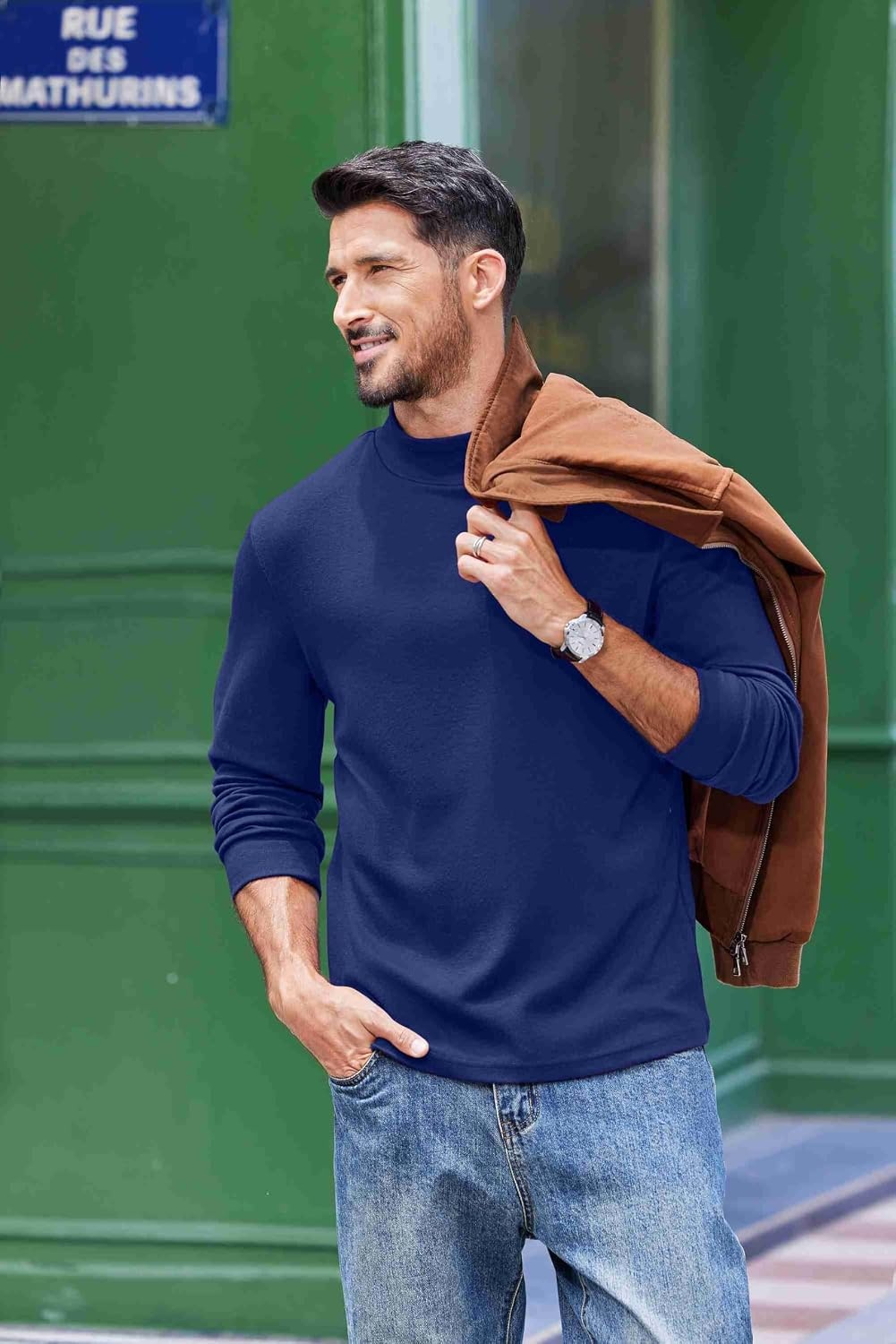 image:imageCOOFANDY Mens Slim Fit Mock Turtleneck T Shirt Casual Basic Knitted Long Sleeve Pullover SweaterDeep Blue