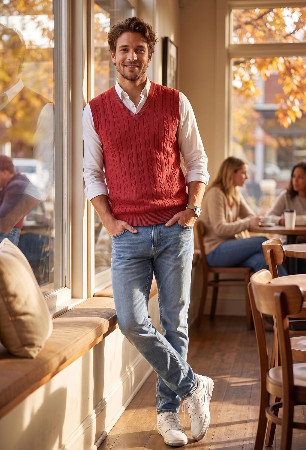 image:imageCOOFANDY Mens Sweater Vest Cable Knitted V Neck Slim Fit Sleeveless Pullover SweaterBright Red