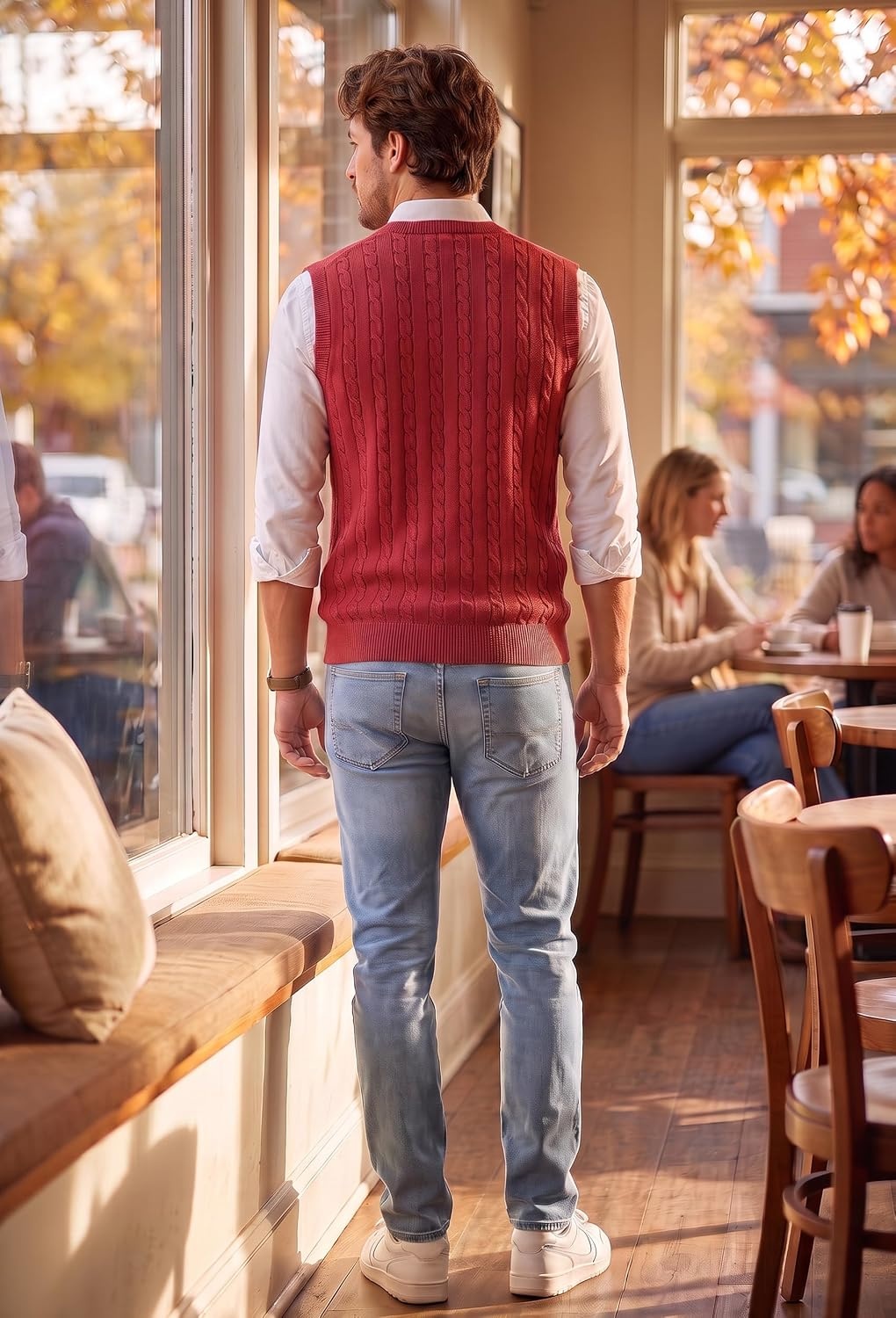 image:imageCOOFANDY Mens Sweater Vest Cable Knitted V Neck Slim Fit Sleeveless Pullover SweaterBright Red