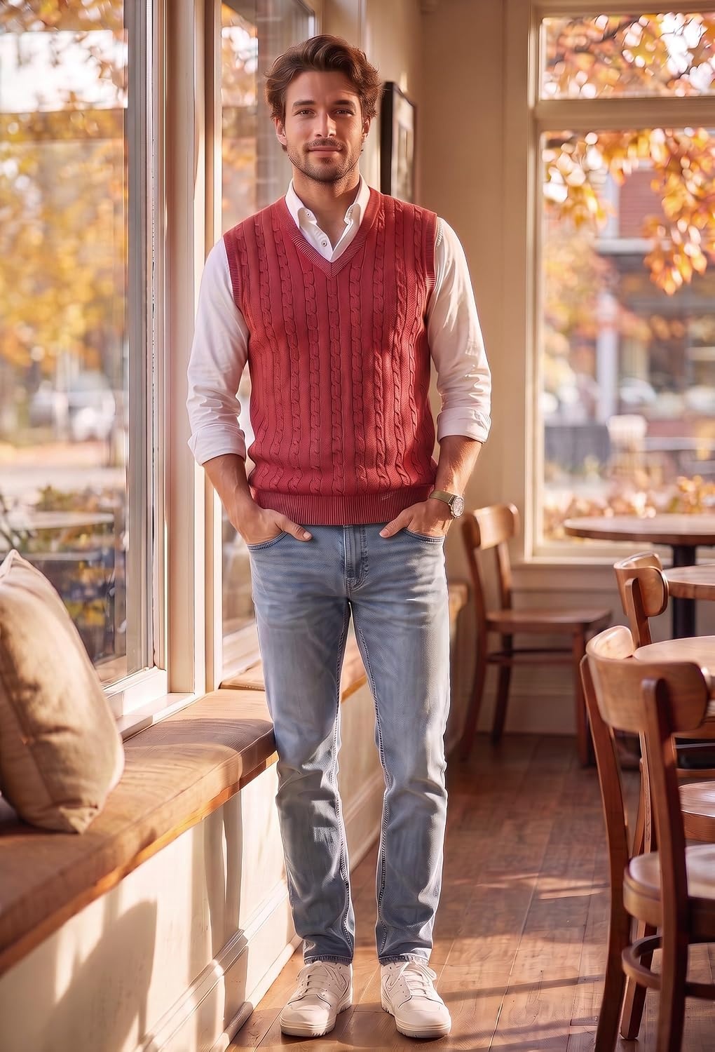 image:imageCOOFANDY Mens Sweater Vest Cable Knitted V Neck Slim Fit Sleeveless Pullover SweaterBright Red