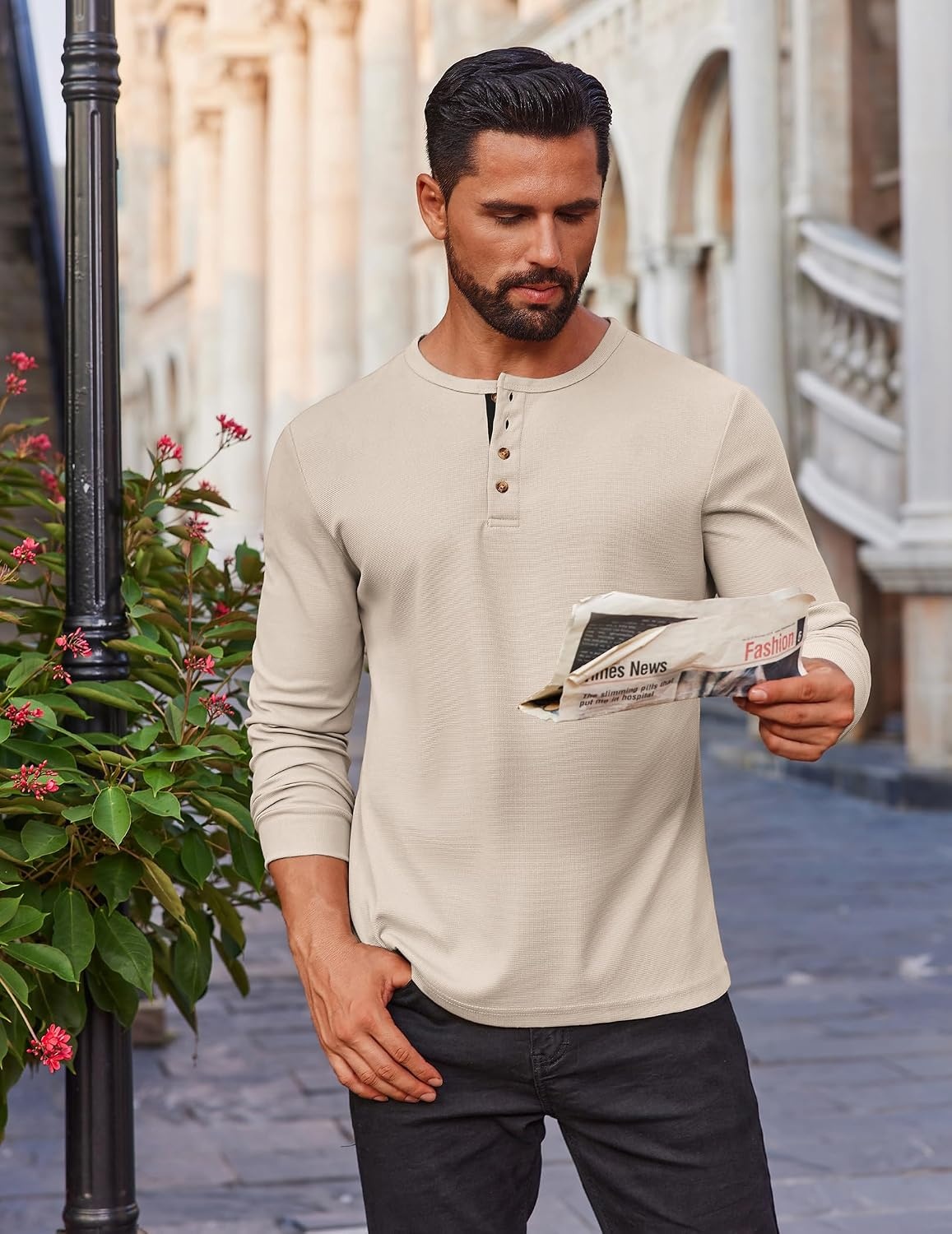 image:imageCOOFANDY Mens Waffle Henley Shirts Long Sleeve Casual TShirt Basic Lightweight Pullover TeesBeige