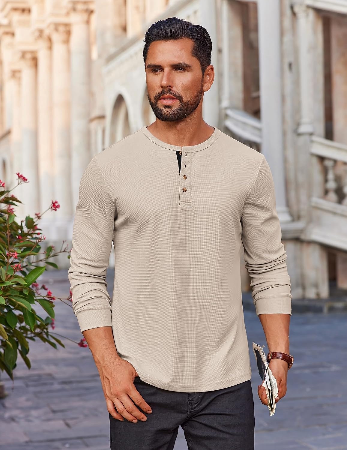 image:imageCOOFANDY Mens Waffle Henley Shirts Long Sleeve Casual TShirt Basic Lightweight Pullover TeesBeige