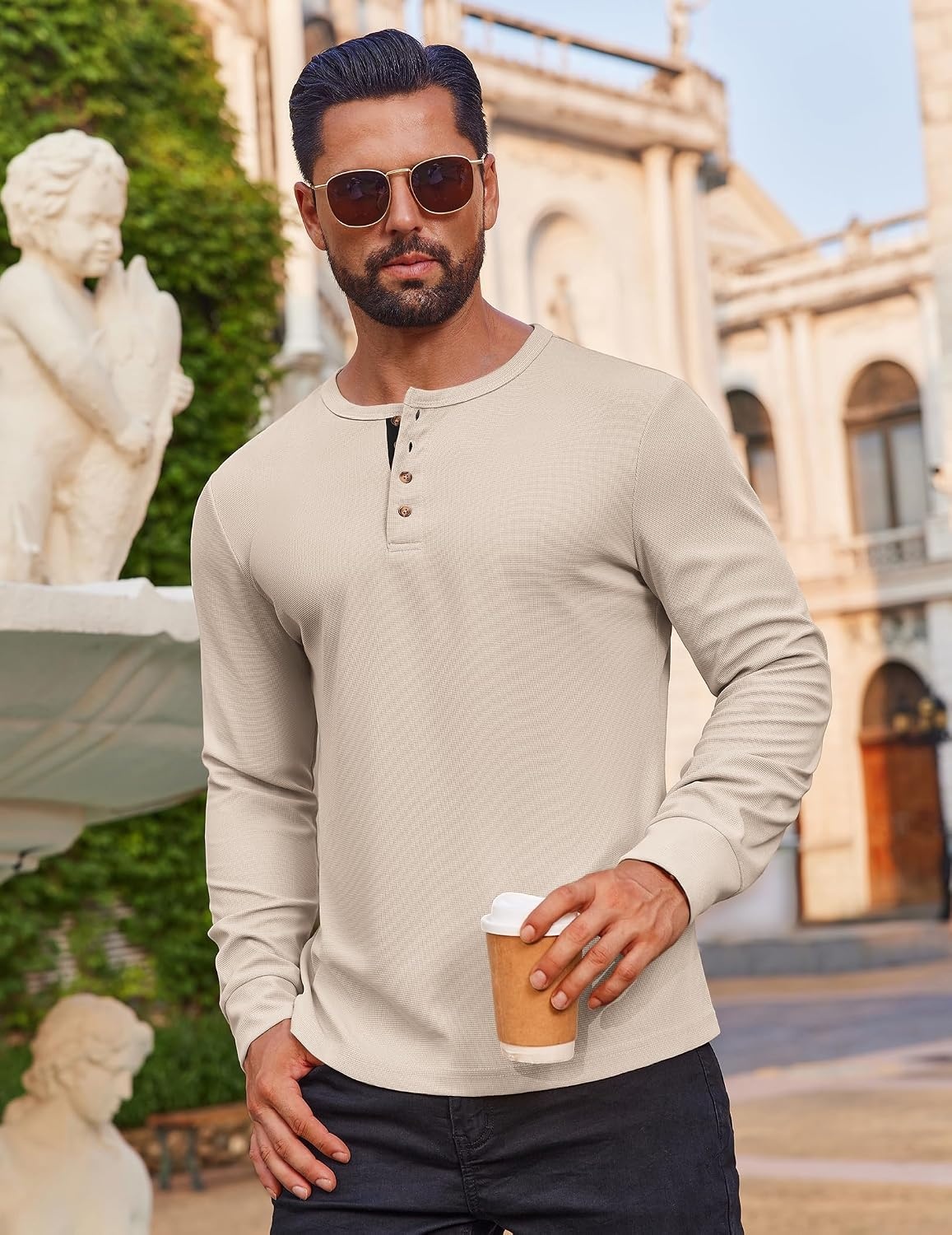 image:imageCOOFANDY Mens Waffle Henley Shirts Long Sleeve Casual TShirt Basic Lightweight Pullover TeesBeige