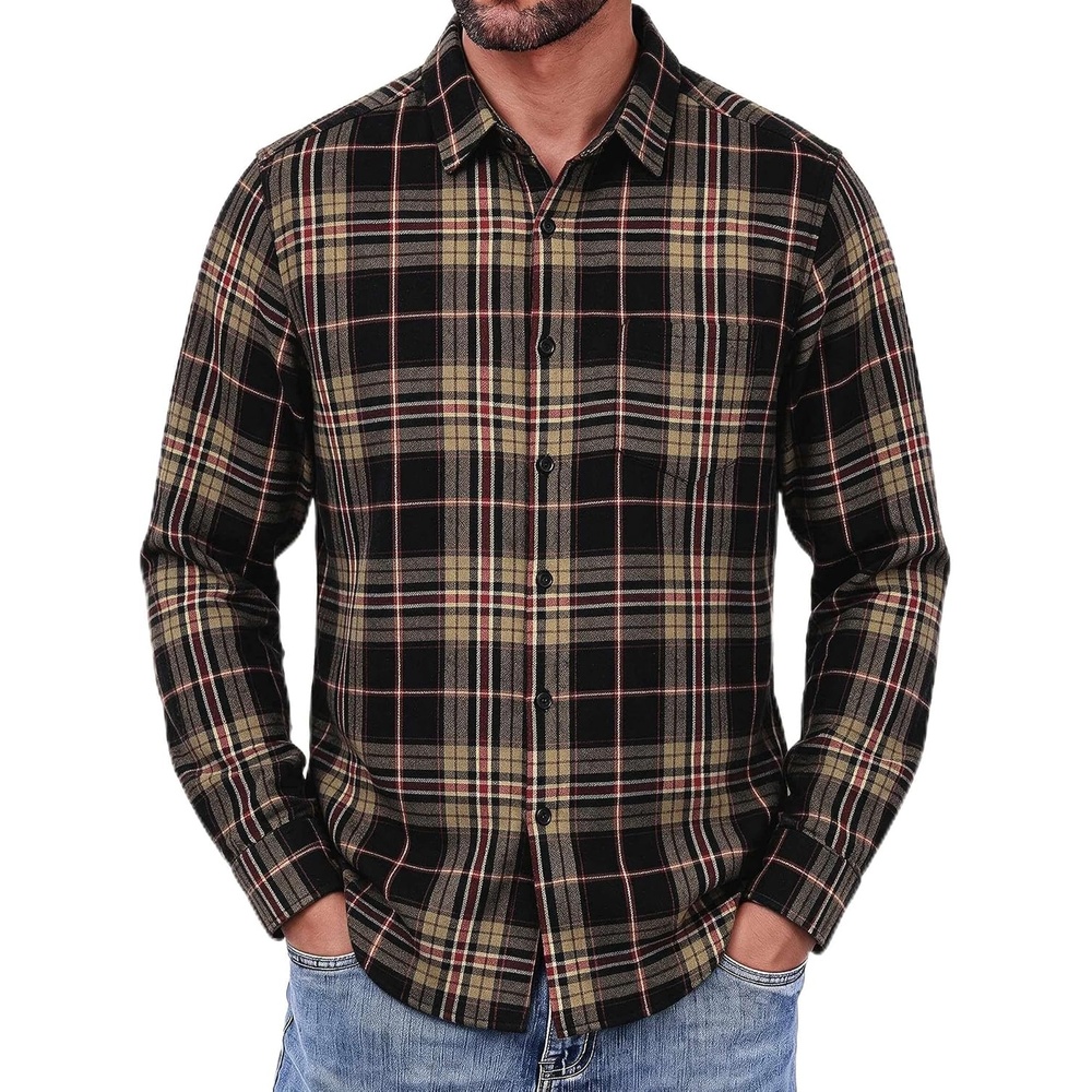image:imageCOOFANDY Mens Flannel Shirts Long Sleeve Button Down Shirt with Pocket Casual Shirts Work Shirts for MenBlackkhakired Plaid