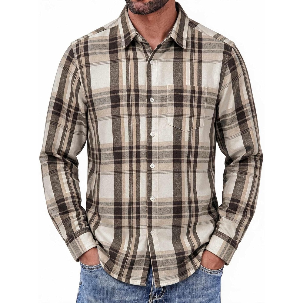 image:imageCOOFANDY Mens Flannel Shirts Long Sleeve Button Down Shirt with Pocket Casual Shirts Work Shirts for MenBrown White Plaid