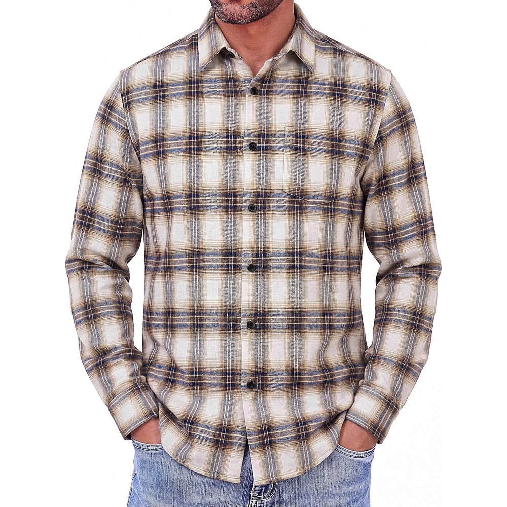 image:imageCOOFANDY Mens Flannel Shirts Long Sleeve Button Down Shirt with Pocket Casual Shirts Work Shirts for MenKhakiblue Plaid