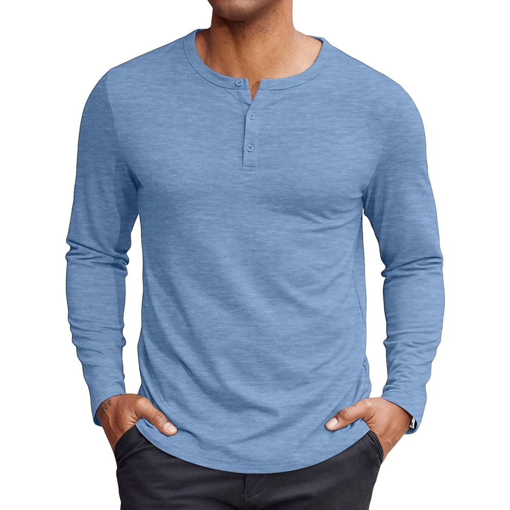 image:imageCOOFANDY Mens Henley Shirt Long Sleeve Casual Stretch Solid TShirts Fashion Pullover Lightweight Fall TopsLight Blue