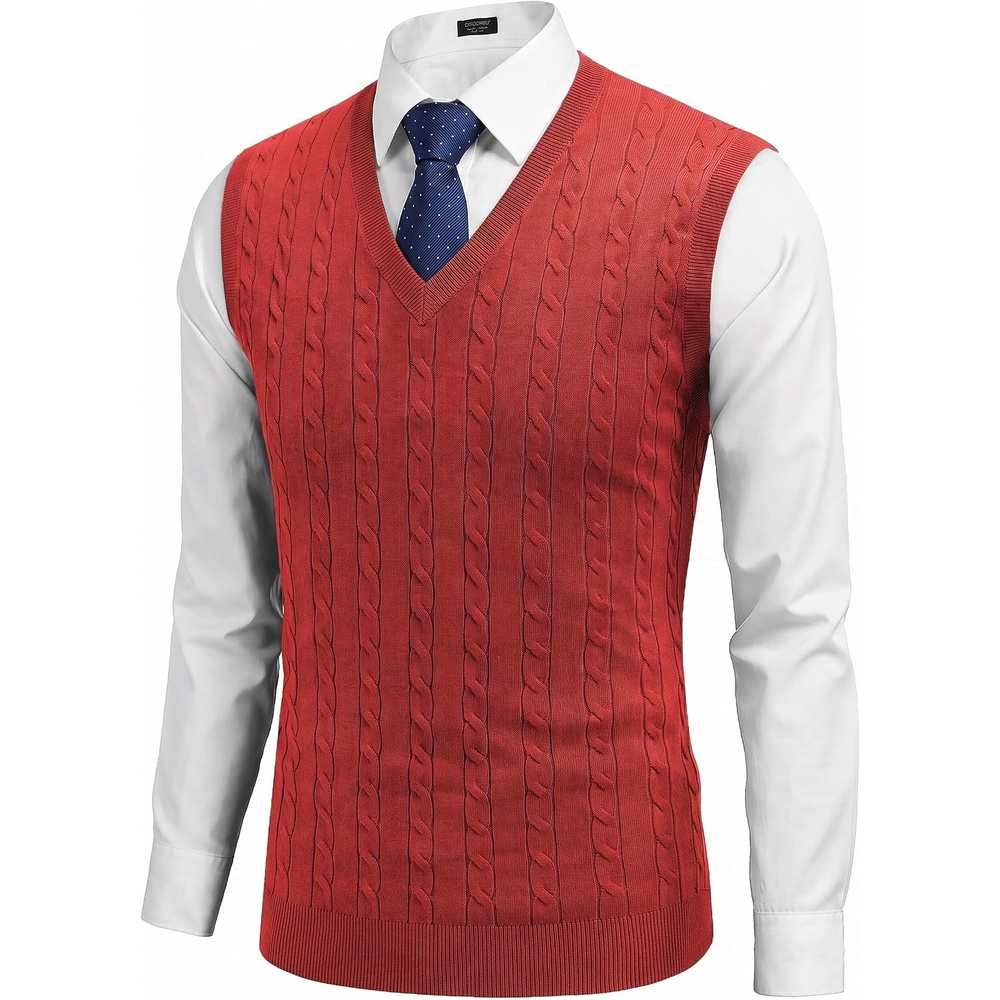 image:imageCOOFANDY Mens Sweater Vest Cable Knitted V Neck Slim Fit Sleeveless Pullover SweaterBright Red