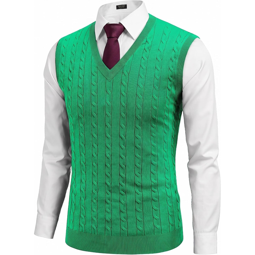 image:imageCOOFANDY Mens Sweater Vest Cable Knitted V Neck Slim Fit Sleeveless Pullover SweaterForest Green