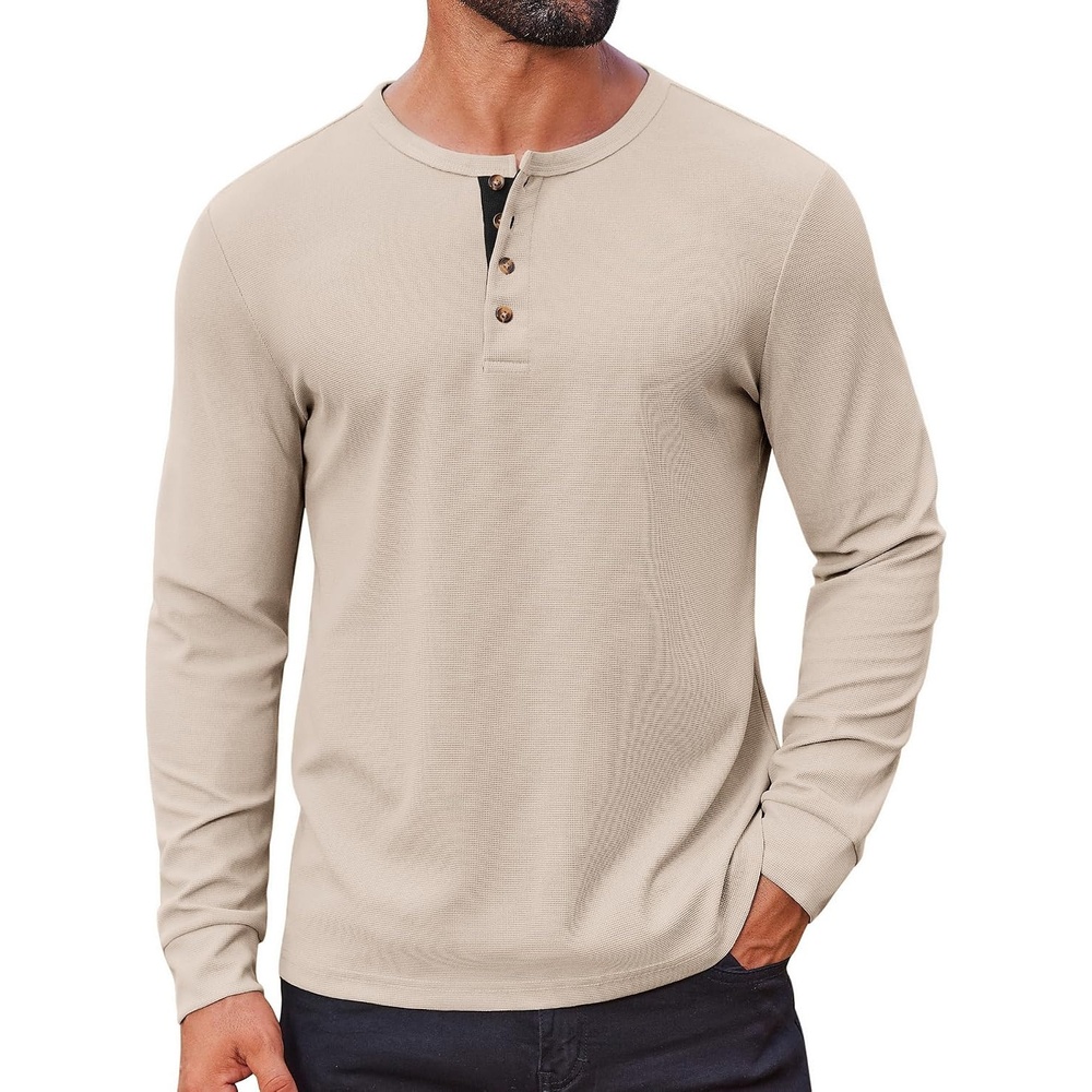 image:imageCOOFANDY Mens Waffle Henley Shirts Long Sleeve Casual TShirt Basic Lightweight Pullover TeesBeige