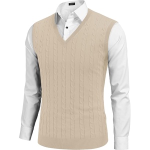 COOFANDY Men’s Sweater Vest Cable Knitted V Neck Slim Fit Sleeveless Pullover Sweater(Light Khaki)