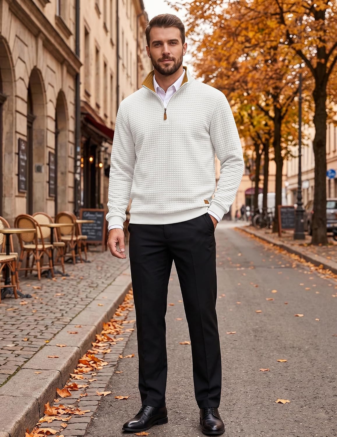 image:imageCOOFANDY Mens Quarter Zip Pullover Sweatshirts 14 Zip Long Sleeve SweaterZcontrast WhiteBrown