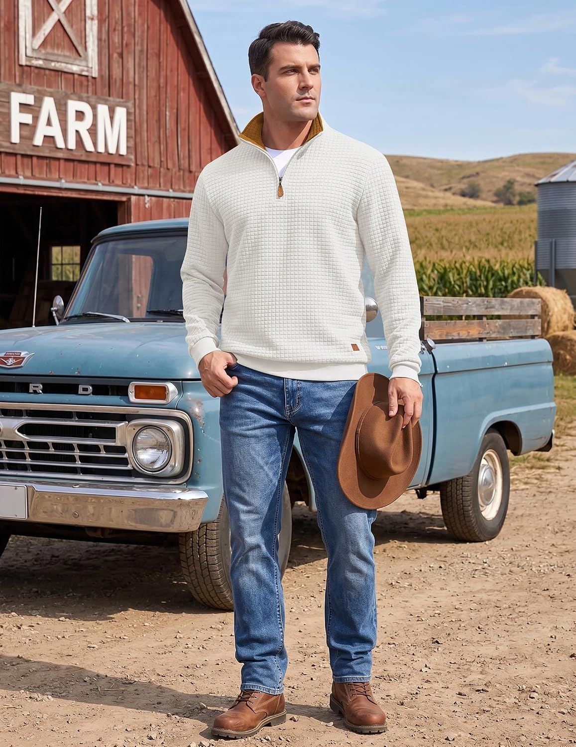 image:imageCOOFANDY Mens Quarter Zip Pullover Sweatshirts 14 Zip Long Sleeve SweaterZcontrast WhiteBrown