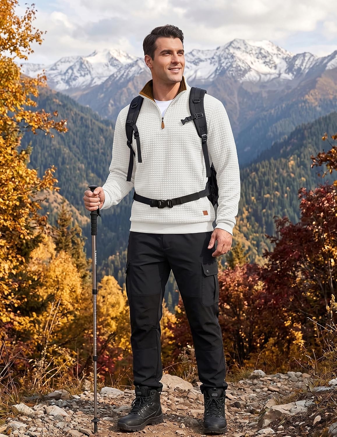 image:imageCOOFANDY Mens Quarter Zip Pullover Sweatshirts 14 Zip Long Sleeve SweaterZcontrast WhiteBrown