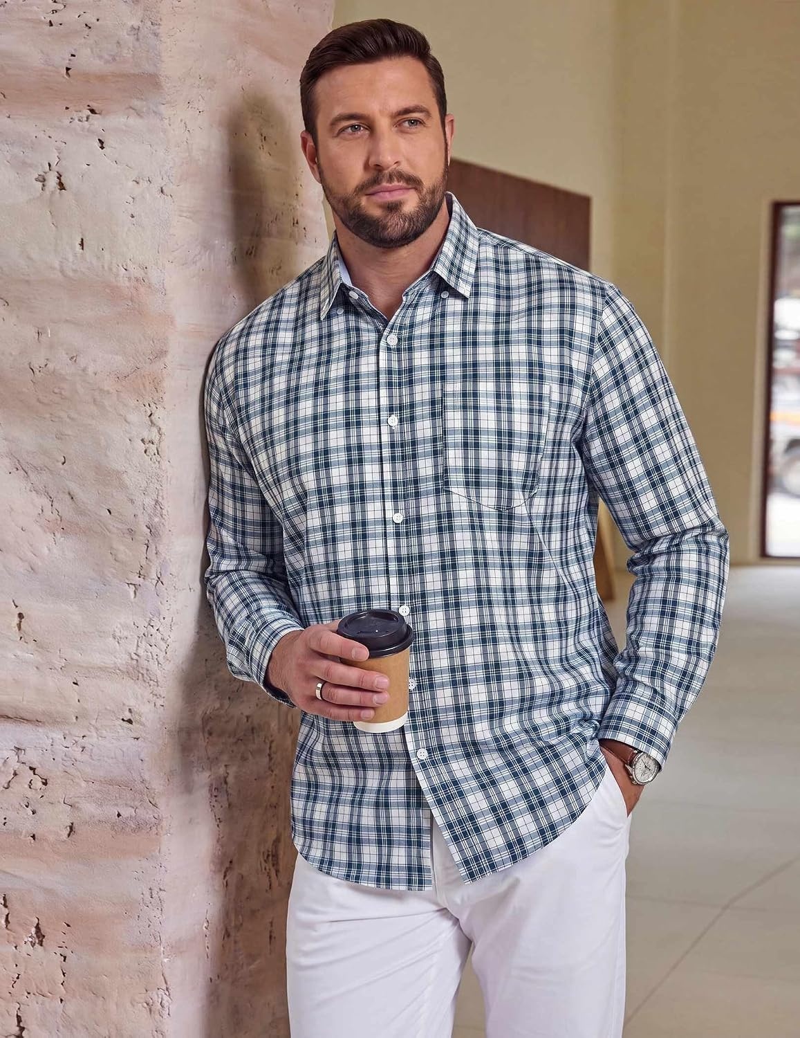 image:imageCOOFANDY Big and Tall Mens Dress Shirts Long Sleeve Plaid Button Down Shirt Bussiness Casual ShirtsBlack Dark Green White Plaid