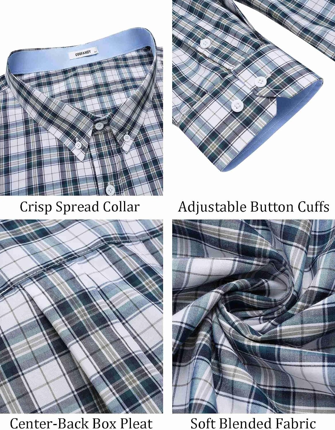 image:imageCOOFANDY Big and Tall Mens Dress Shirts Long Sleeve Plaid Button Down Shirt Bussiness Casual ShirtsBlack Dark Green White Plaid