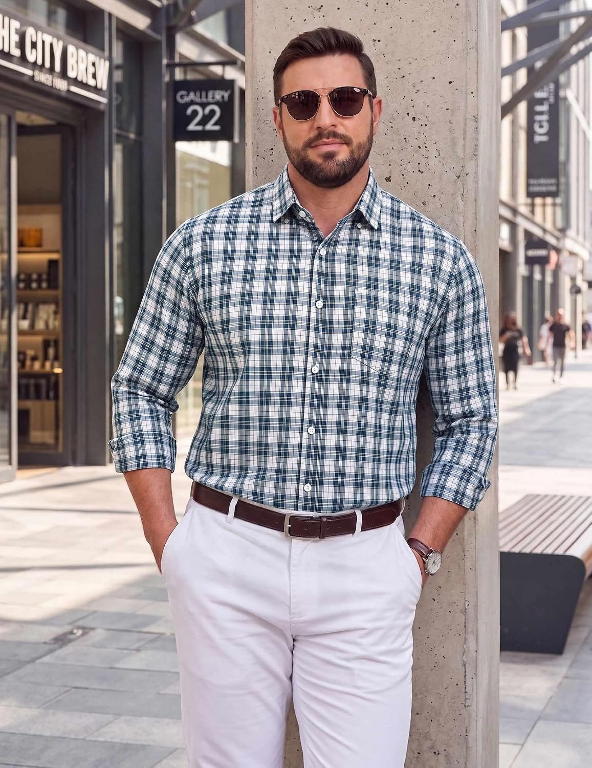 image:imageCOOFANDY Big and Tall Mens Dress Shirts Long Sleeve Plaid Button Down Shirt Bussiness Casual ShirtsBlack Dark Green White Plaid