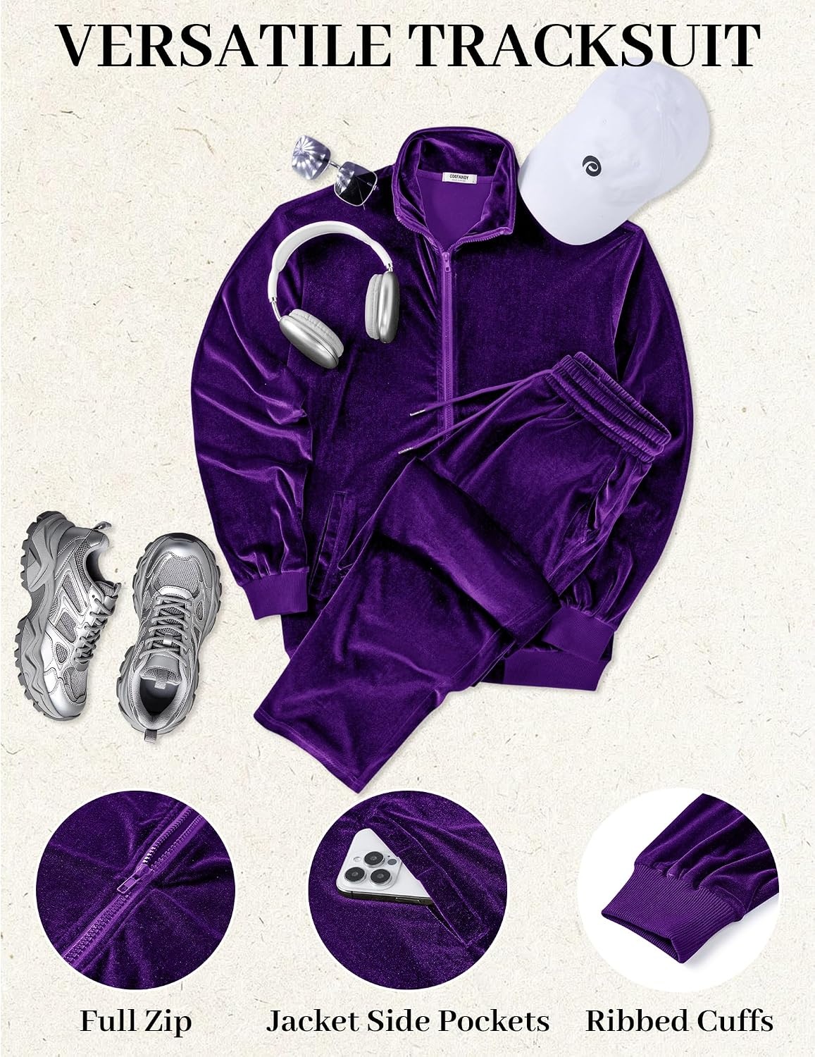 image:imageCOOFANDY Mens 2 Piece Velour Tracksuit Full Zip Jackets Pants Velvet Jogging Suits Sweatsuit SetLight Purple
