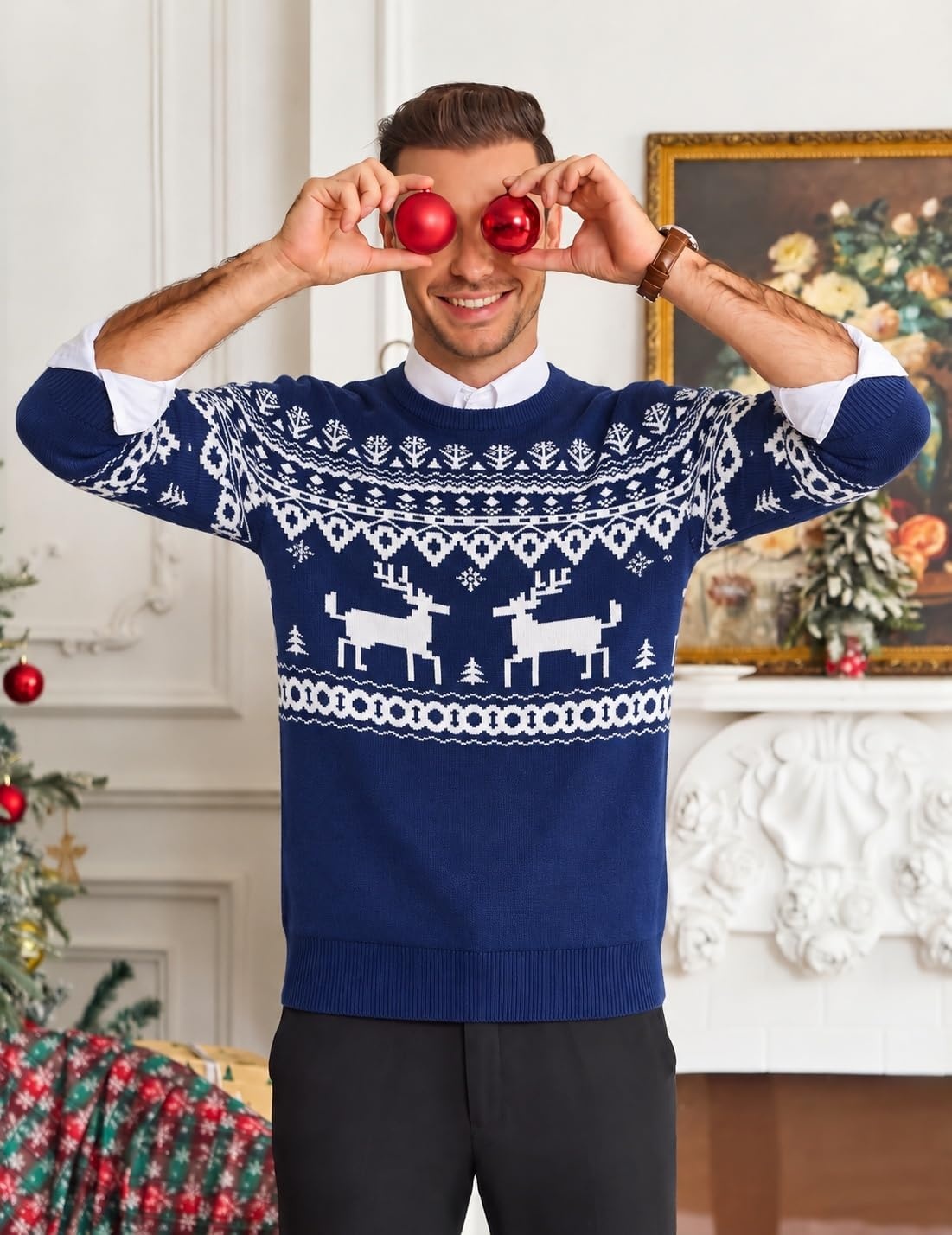 image:imageCOOFANDY Mens Christmas Sweaters Crewneck Funny Ugly Knitted PulloversBlue Reindeer