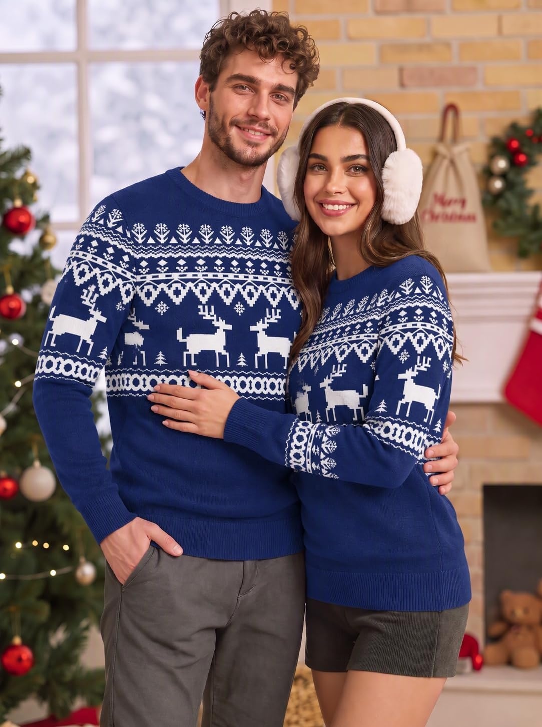 image:imageCOOFANDY Mens Christmas Sweaters Crewneck Funny Ugly Knitted PulloversBlue Reindeer