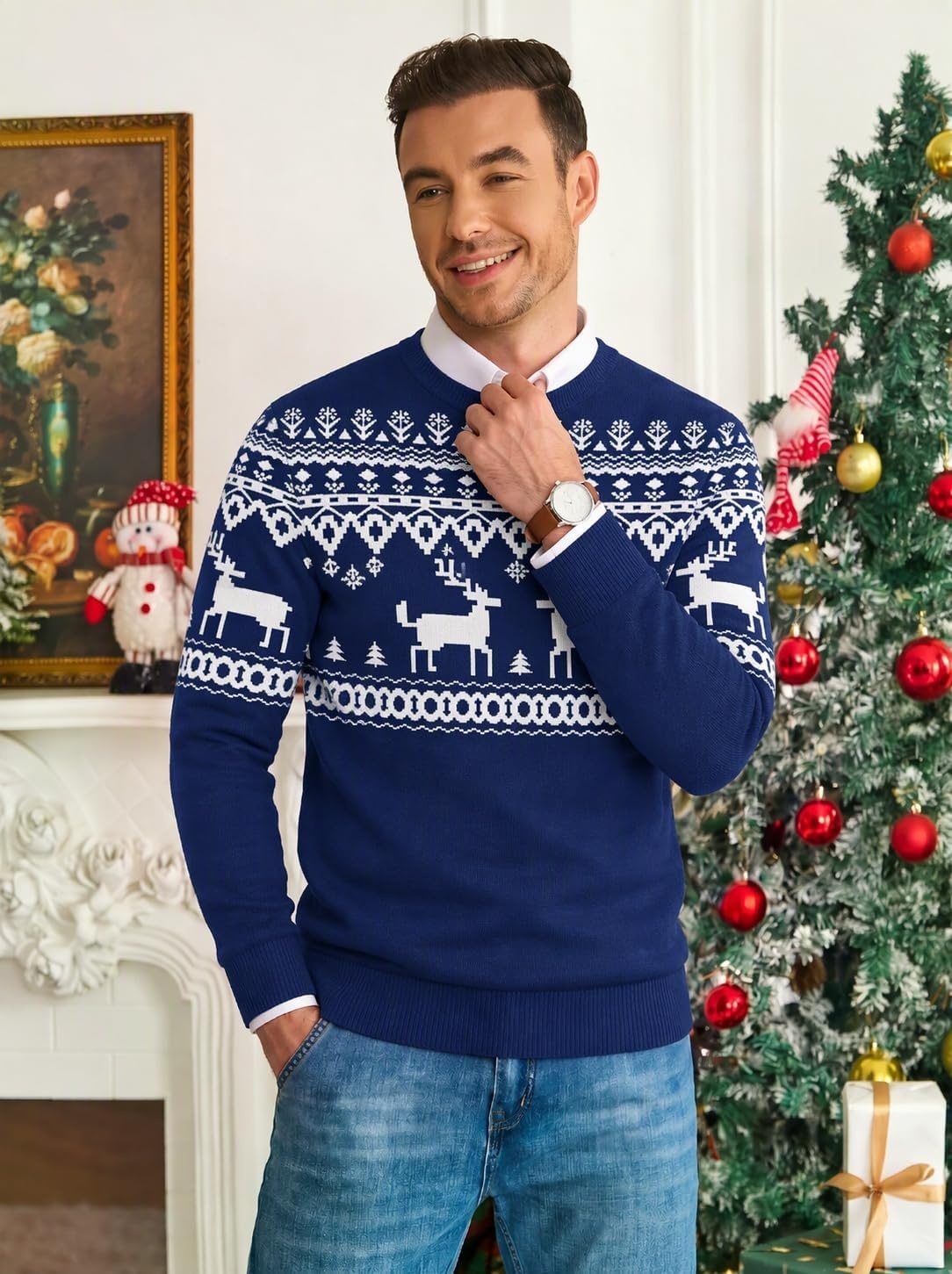 image:imageCOOFANDY Mens Christmas Sweaters Crewneck Funny Ugly Knitted PulloversBlue Reindeer