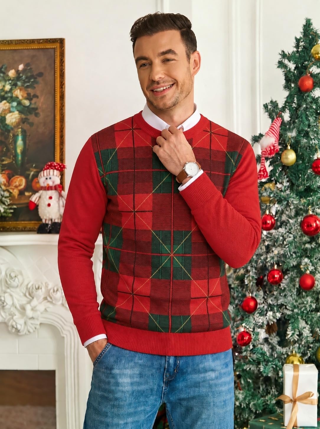 image:imageCOOFANDY Mens Christmas Sweaters Crewneck Funny Ugly Knitted PulloversChristmas Grid Red Green