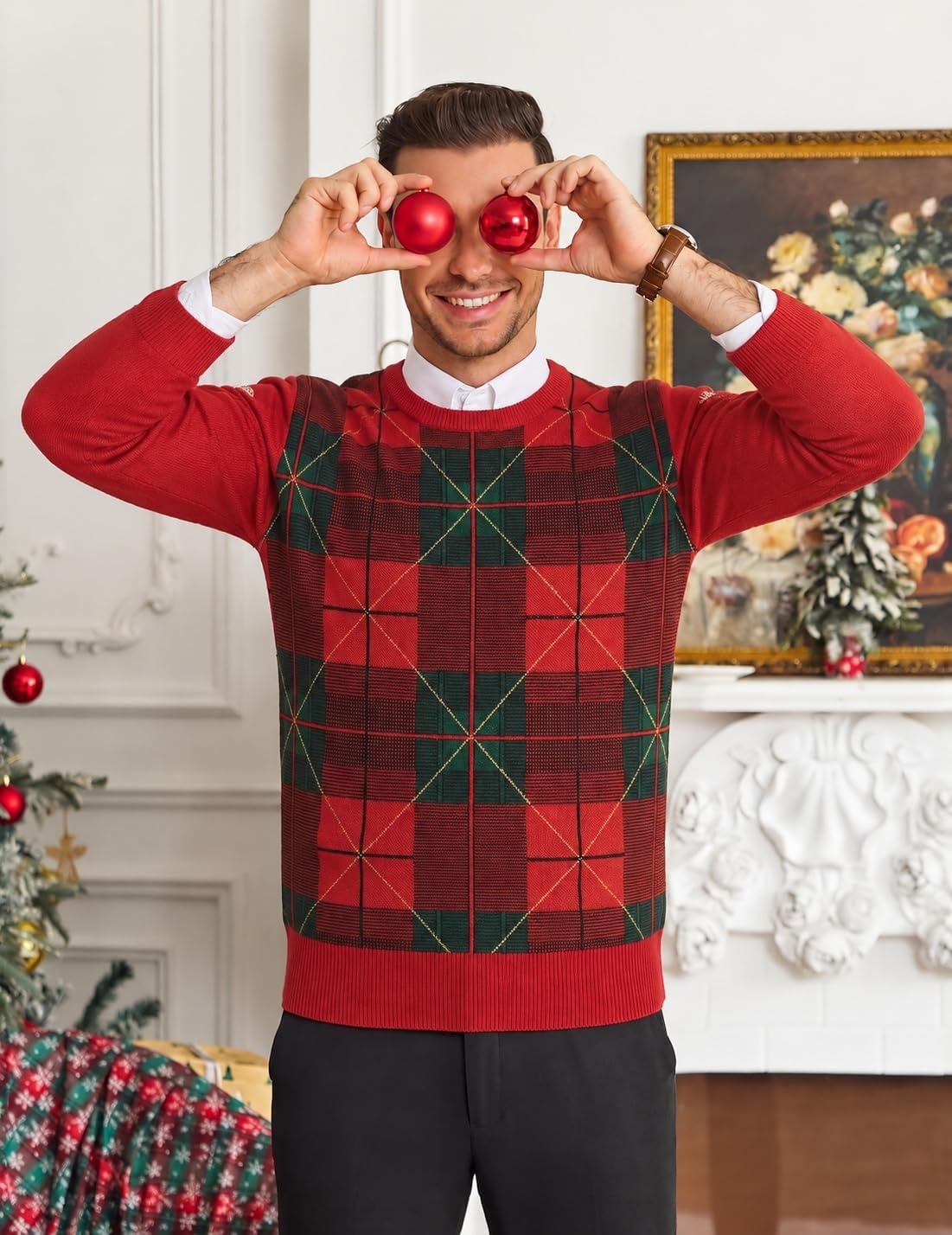 image:imageCOOFANDY Mens Christmas Sweaters Crewneck Funny Ugly Knitted PulloversChristmas Grid Red Green