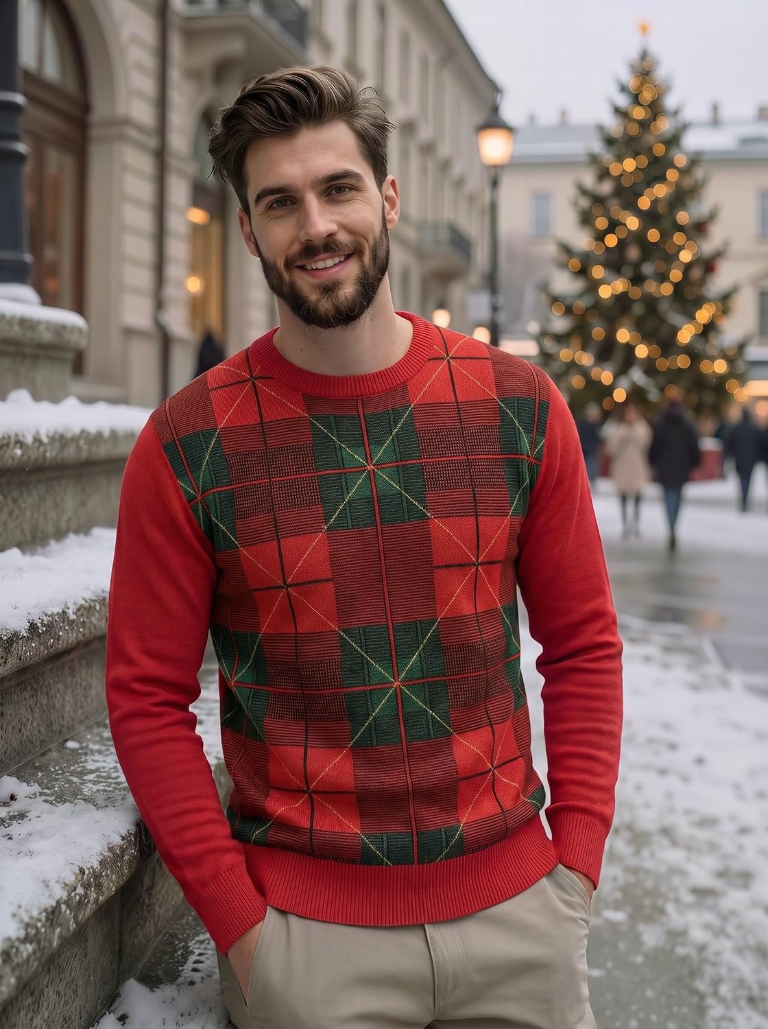 image:imageCOOFANDY Mens Christmas Sweaters Crewneck Funny Ugly Knitted PulloversChristmas Grid Red Green